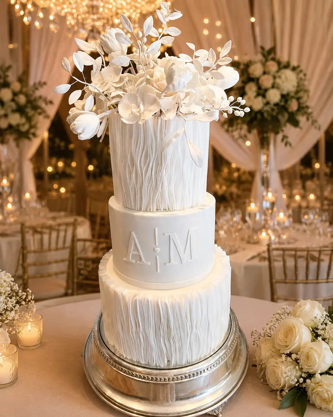Bolo de casamento elegante montado na mesa da recepção